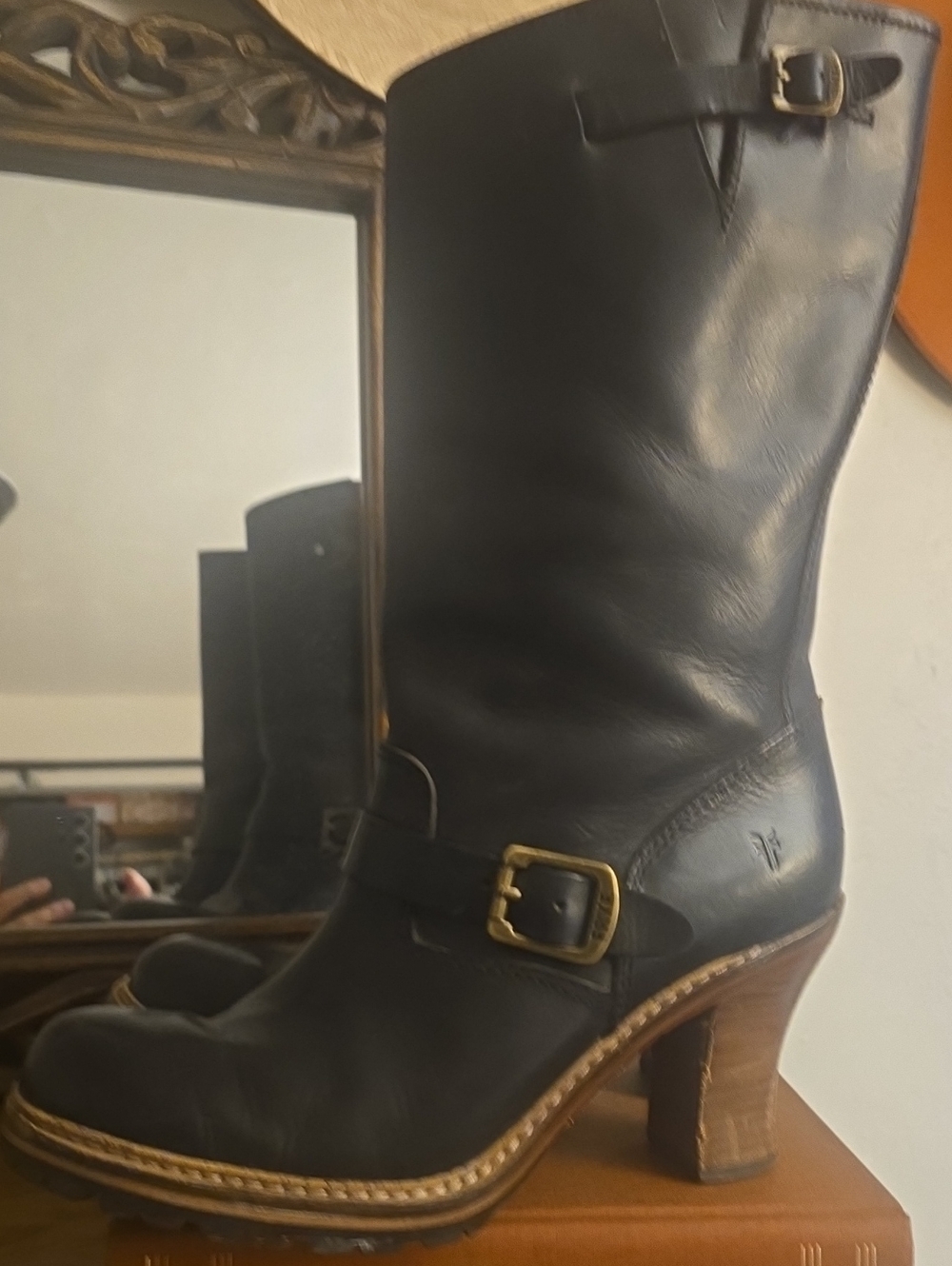 FRYE Women’s Mildred Engineer Black Leather Buckle Heel Boots